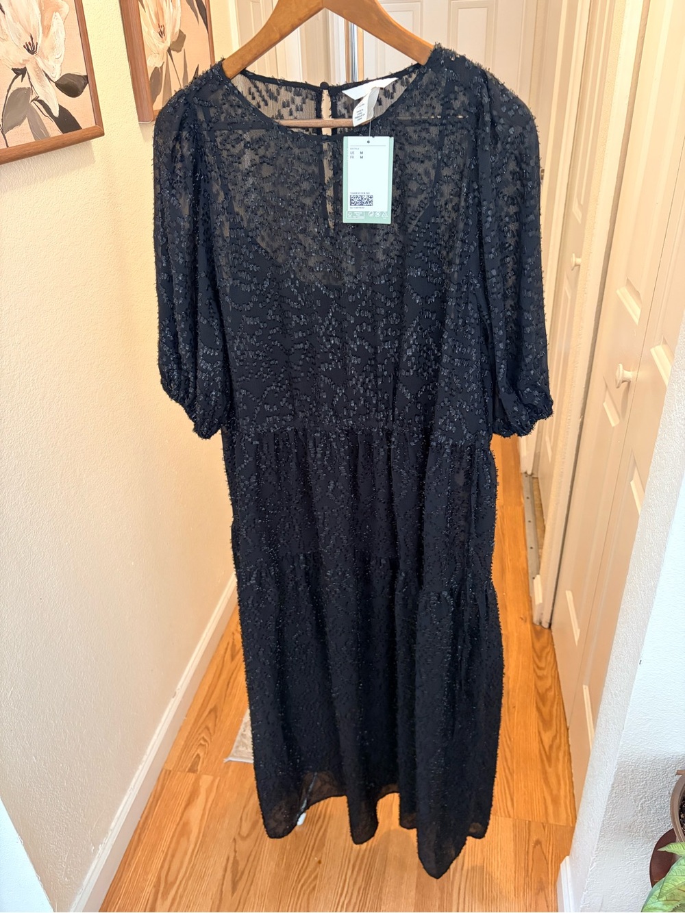 H&M Black Textured Midi Dress with Puff Sleeves